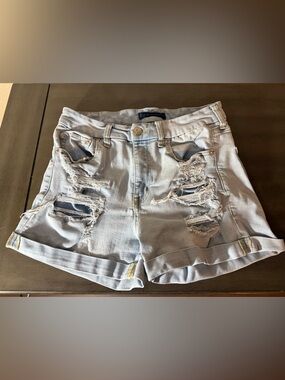 Aero High Rise Curvy Midi Distressed Denim Shorts 28